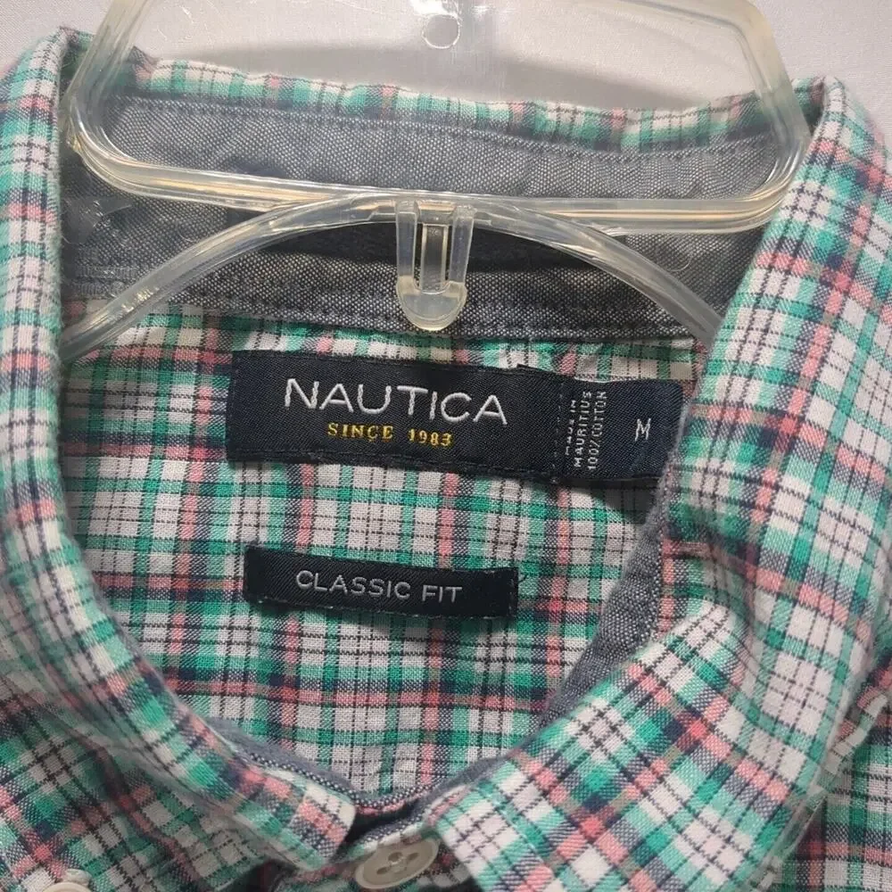 Nautica Mens Medium Plaid Checkered Button Up Short Sleeve‎ Shirt 100% Cotton